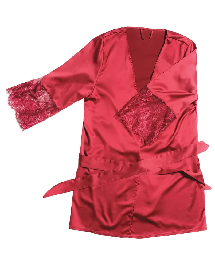 Stretch Satin Robe w/Eyelash Lace Sleeve Merlot O/S | Coquette Male Sex Toys
